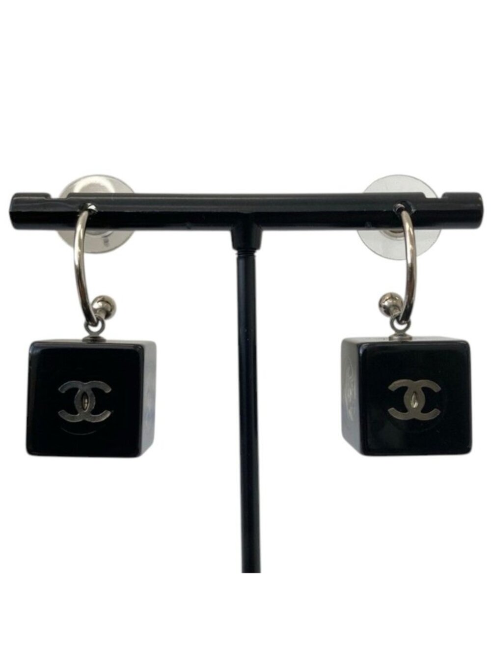 Chanel 03A CC Logo Cube Hoop Earrings Black